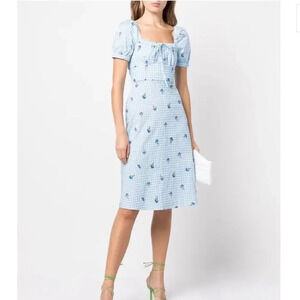 HVN Blue Holland Bow Tie Cotton Gingham Midi Dress sz 2